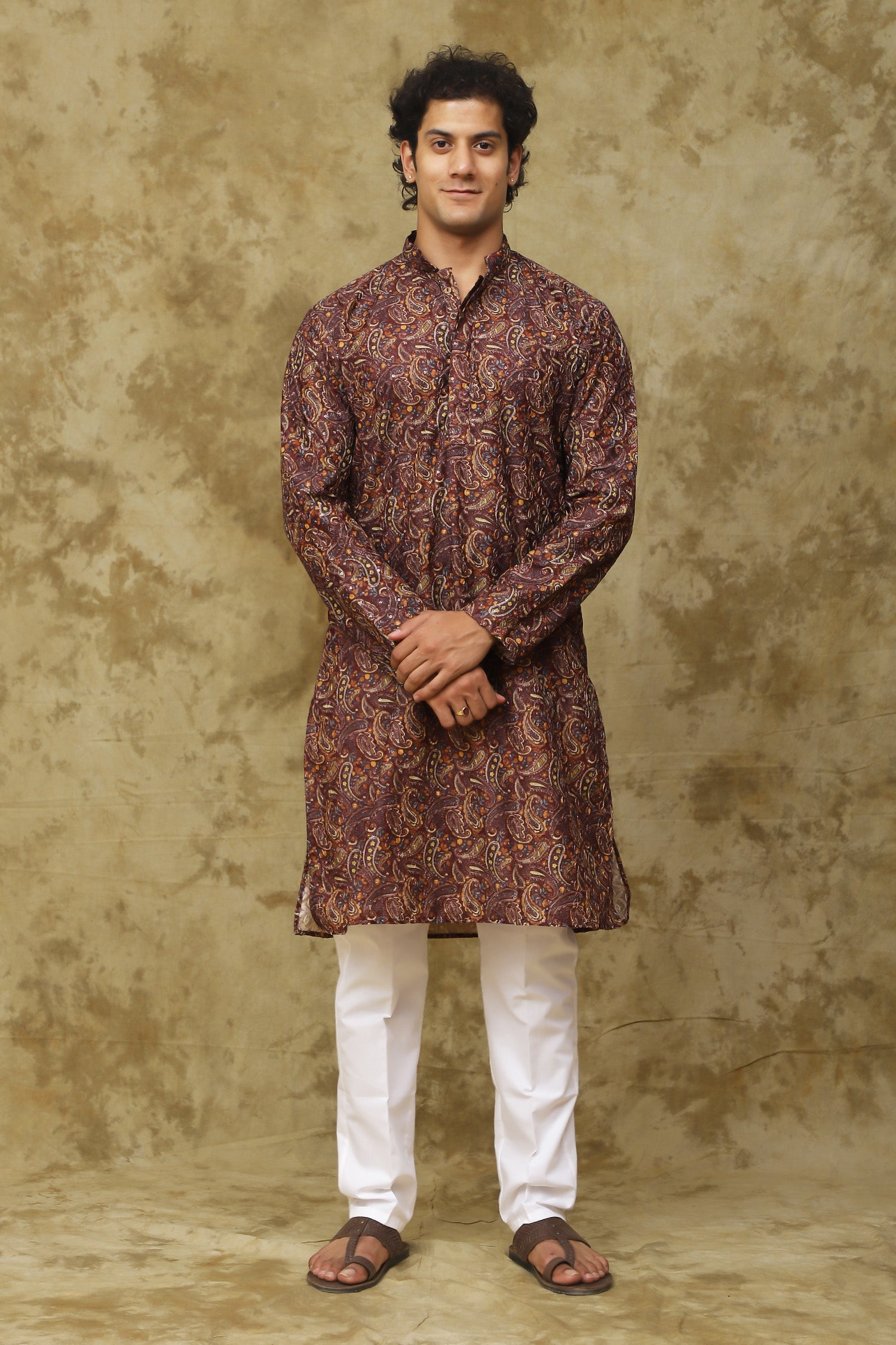 Bluesaanchi Men's Chikankari Embroidered Kurta Set - Brown - Distacart