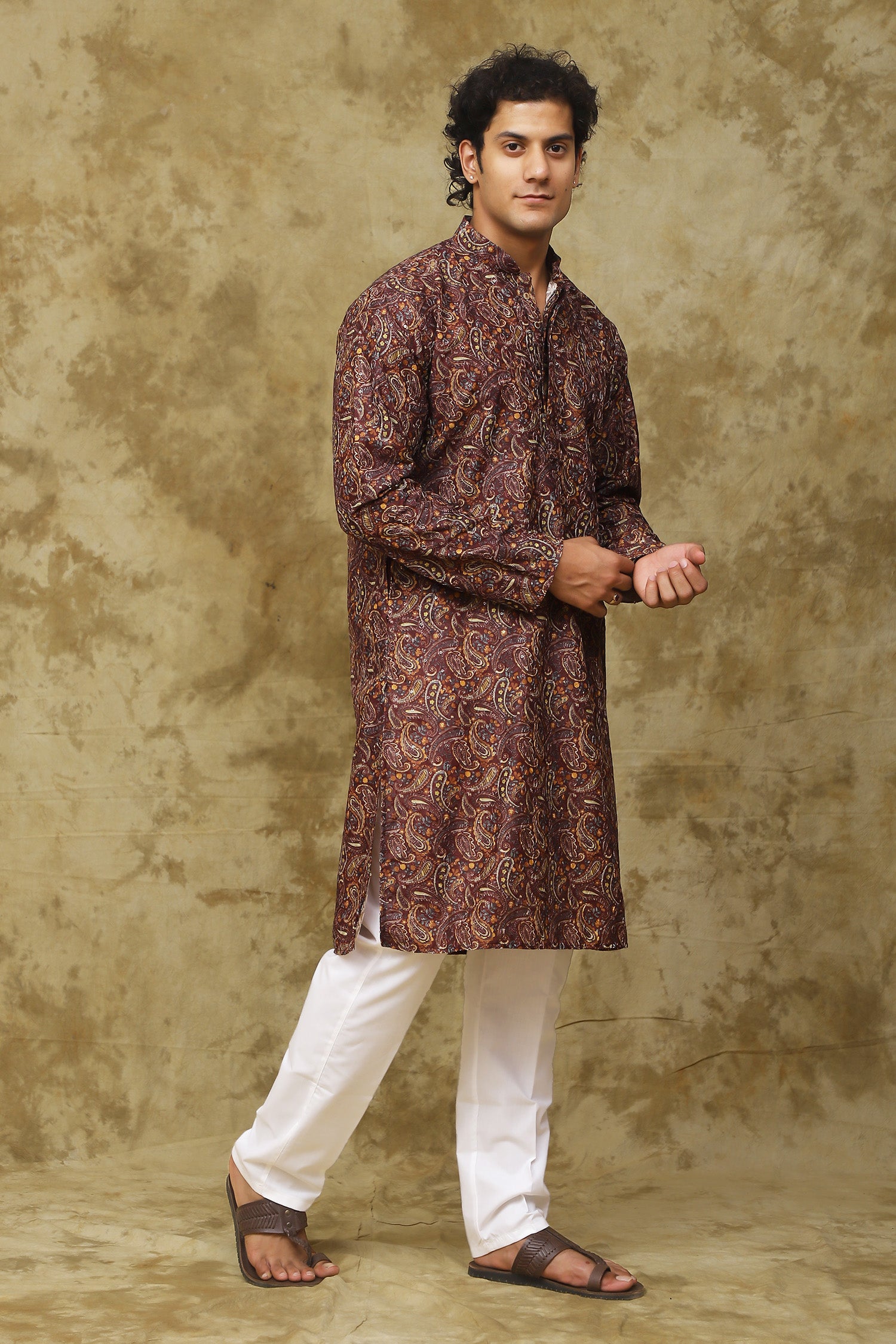 Bluesaanchi Men's Chikankari Embroidered Kurta Set - Brown - Distacart