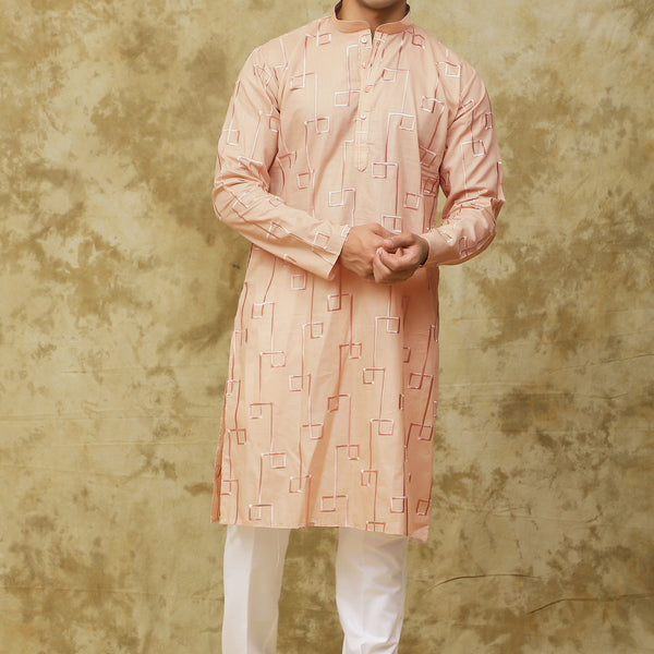 Bluesaanchi Men's Cotton Zari Embroidered Kurta Set - Peach Cream - Distacart