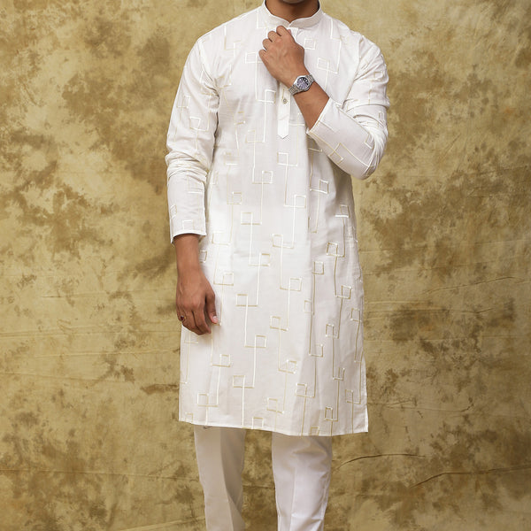 Bluesaanchi Men's Cotton Zari Embroidered Kurta Set - White - Distacart