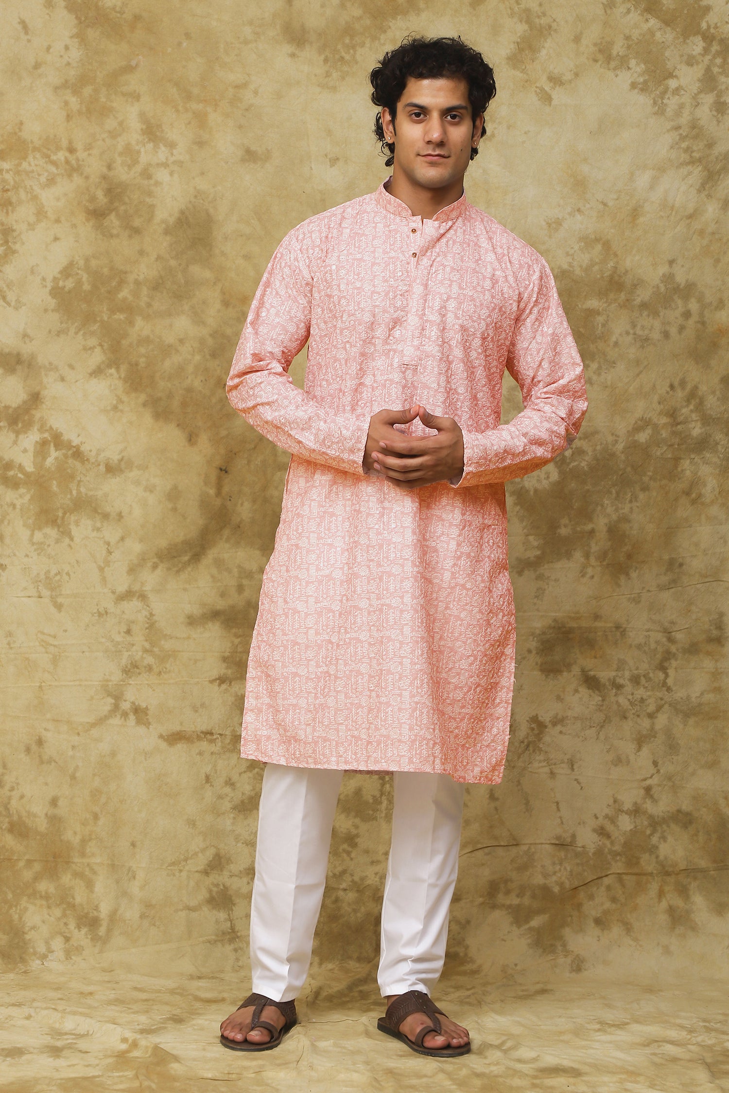 Bluesaanchi Men's Cotton Embroidered Kurta Set - Pink Sun Boota - Distacart