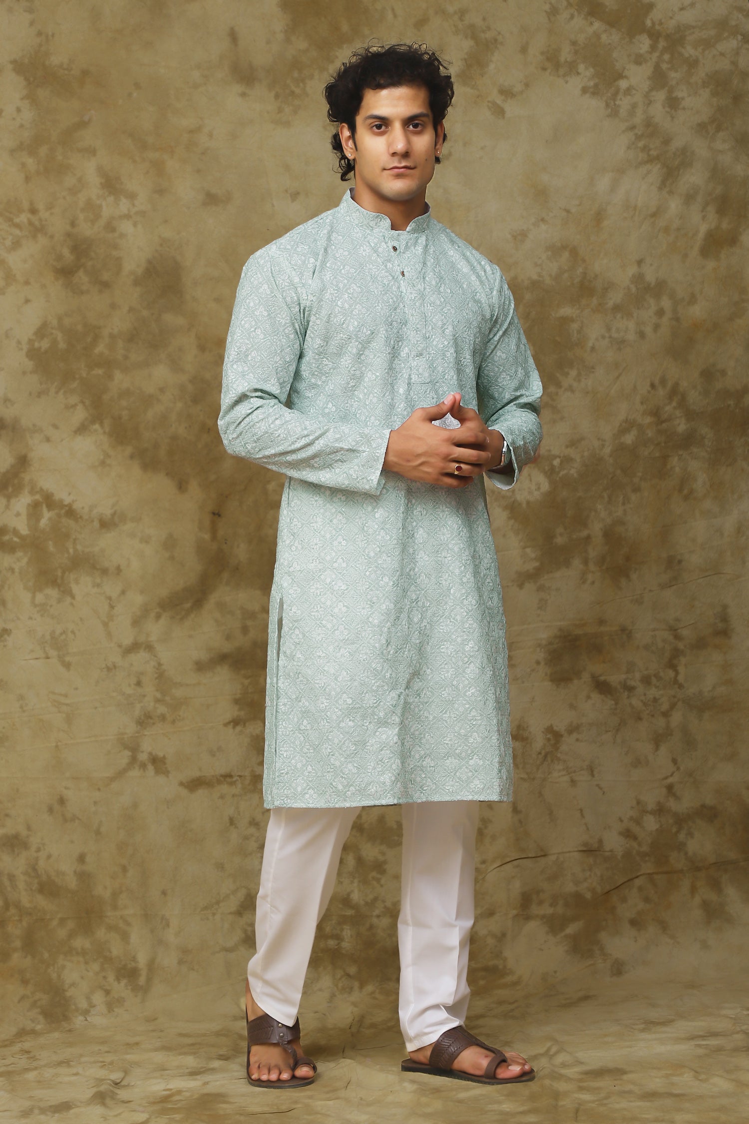 Bluesaanchi Men's Chikankari Embroidered Kurta Set - Light Green - Distacart
