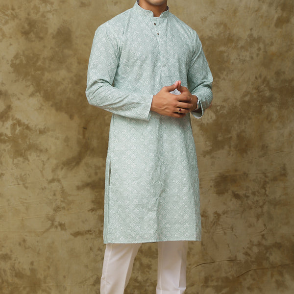 Bluesaanchi Men's Chikankari Embroidered Kurta Set - Light Green - Distacart