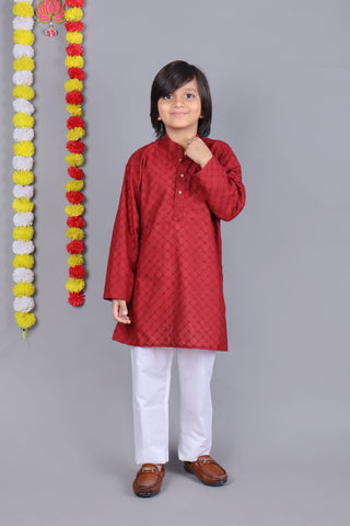Bluesaanchi Red Chikankari Embroidery Kids Kurta Set – Elegant & Classic for Your Little One