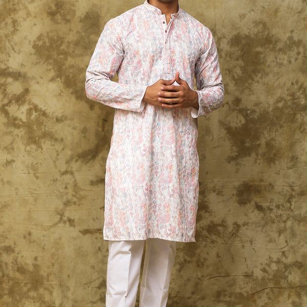 Bluesaanchi Men's Chikankari Embroidered Kurta Set - White & Pink - Distacart