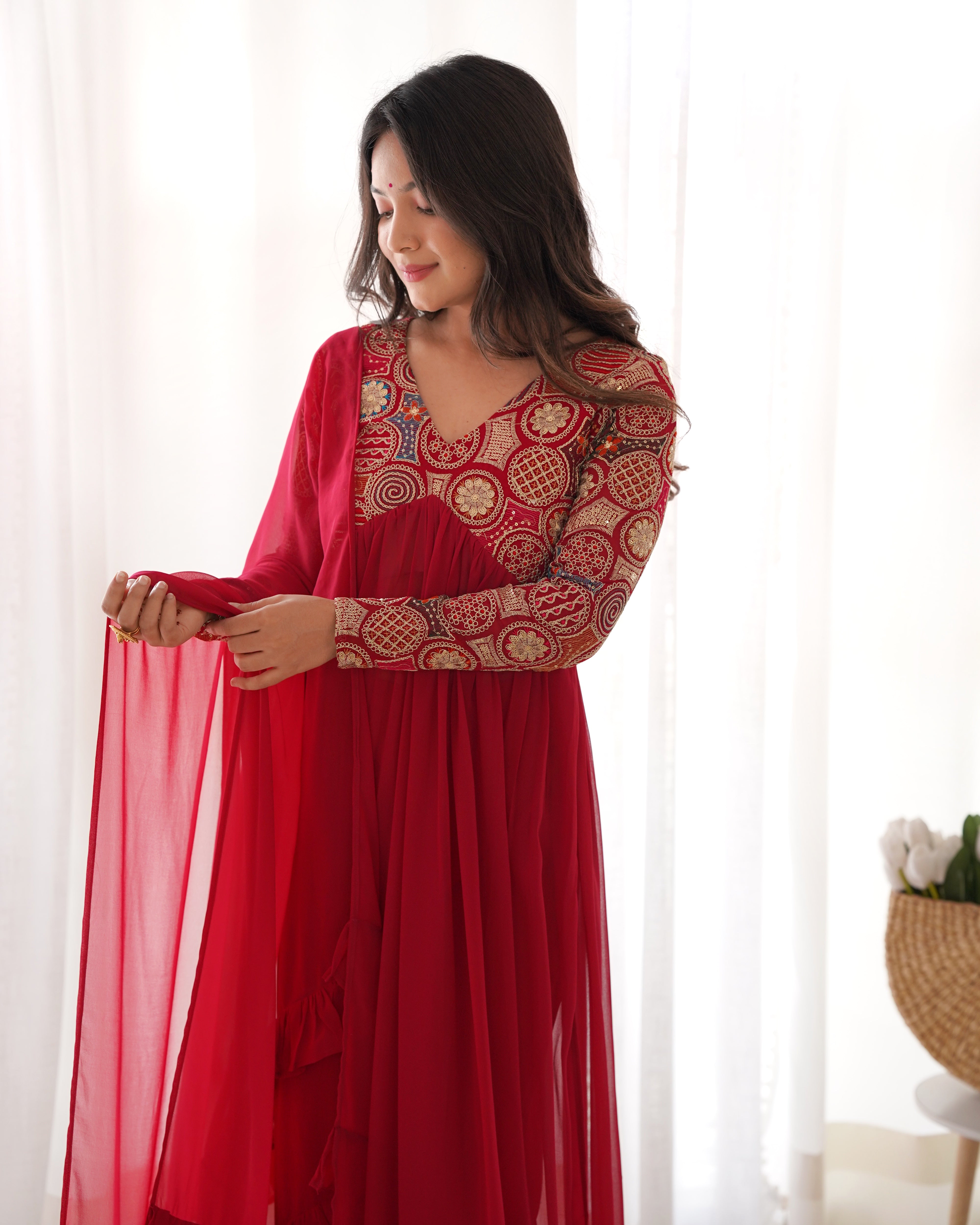 Lorenvalley Fashion Red Heavy Soft Georgette With Embroidered Work Fully Flared Anarkali Pant With Dupatta Set - Red - Distacart