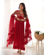 Thumbnail for Lorenvalley Fashion Red Heavy Soft Georgette With Embroidered Work Fully Flared Anarkali Pant With Dupatta Set - Red - Distacart