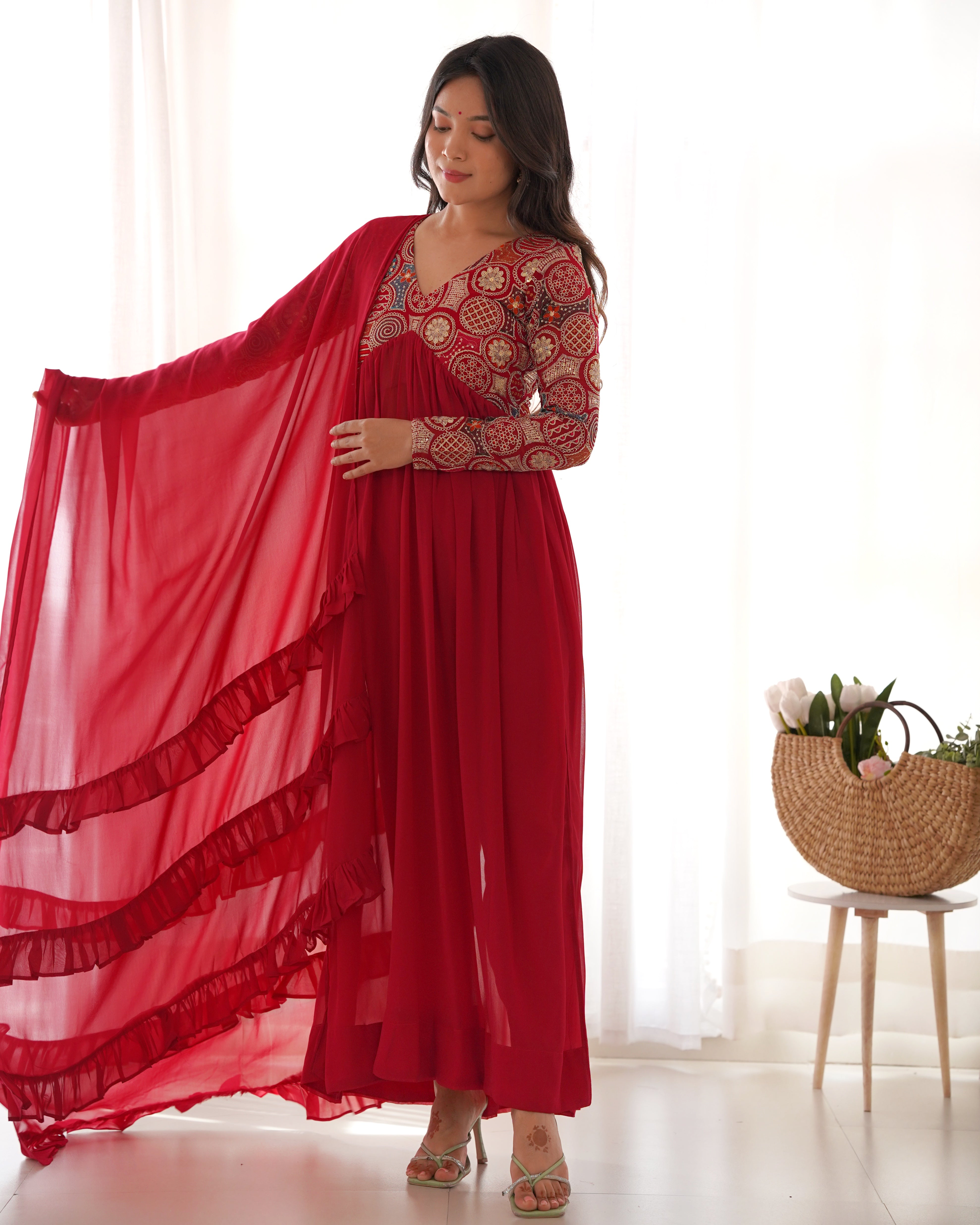 Lorenvalley Fashion Red Heavy Soft Georgette With Embroidered Work Fully Flared Anarkali Pant With Dupatta Set - Red - Distacart