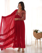 Thumbnail for Lorenvalley Fashion Red Heavy Soft Georgette With Embroidered Work Fully Flared Anarkali Pant With Dupatta Set - Red - Distacart