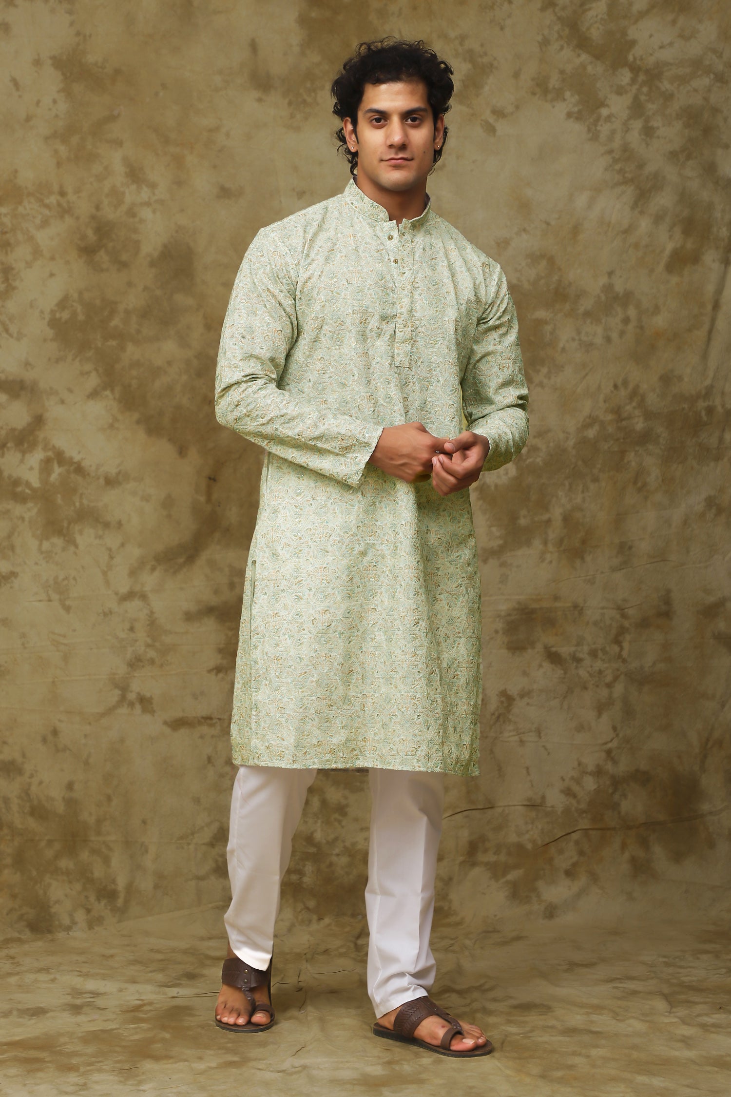 Bluesaanchi Men's Chikankari Embroidered Kurta Set - Green White - Distacart
