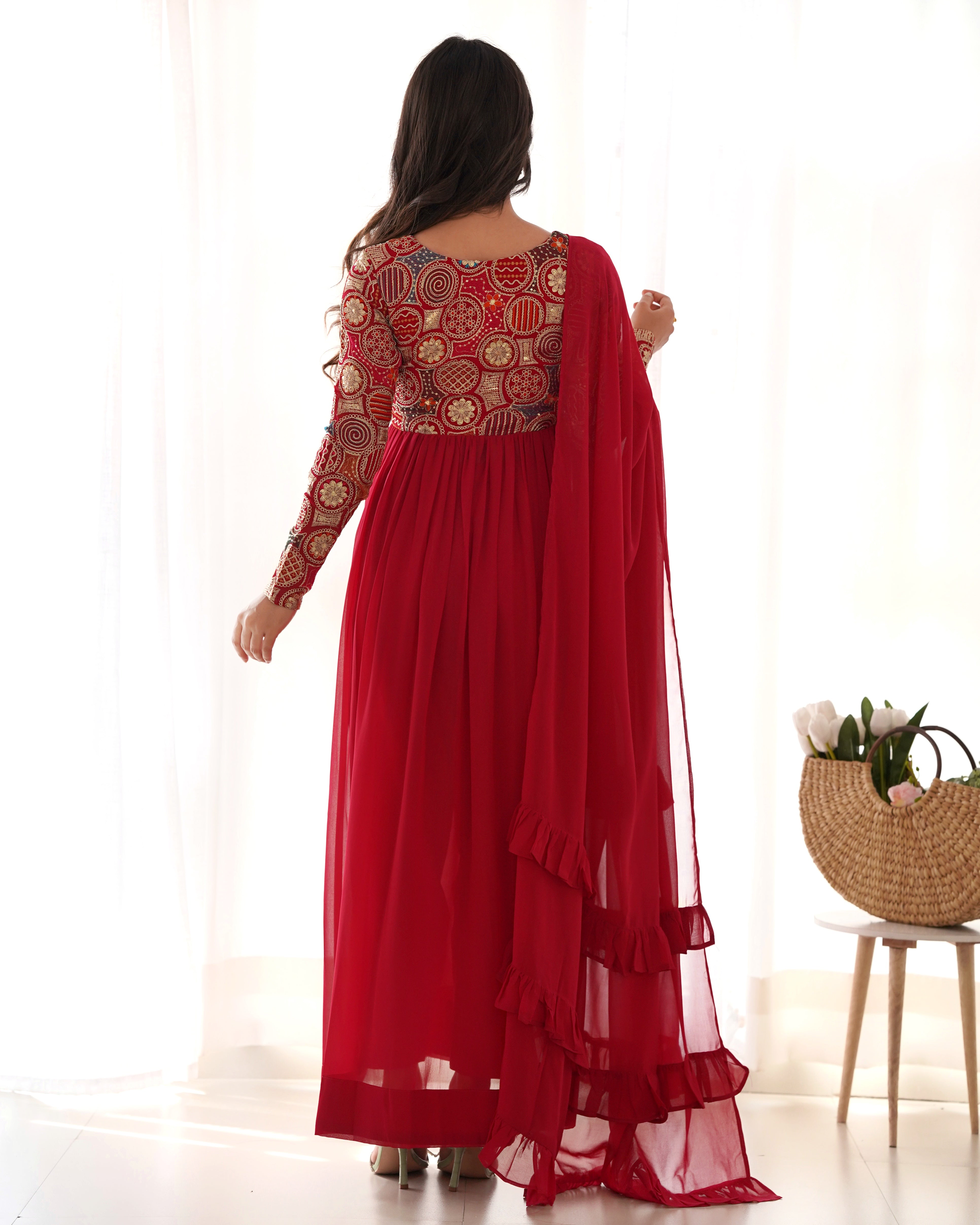 Lorenvalley Fashion Red Heavy Soft Georgette With Embroidered Work Fully Flared Anarkali Pant With Dupatta Set - Red - Distacart