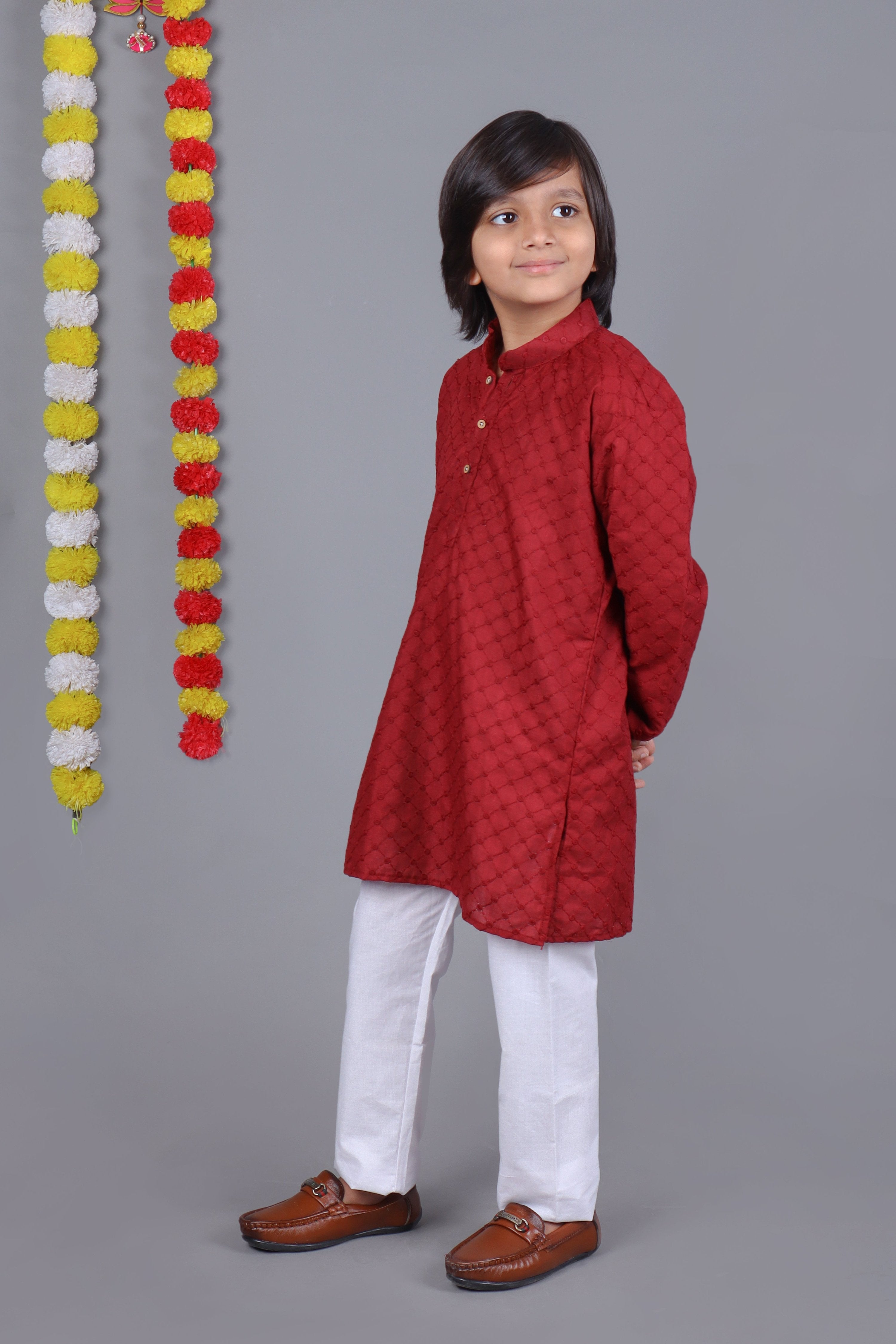 Bluesaanchi Red Chikankari Embroidery Kids Kurta Set – Elegant & Classic for Your Little One