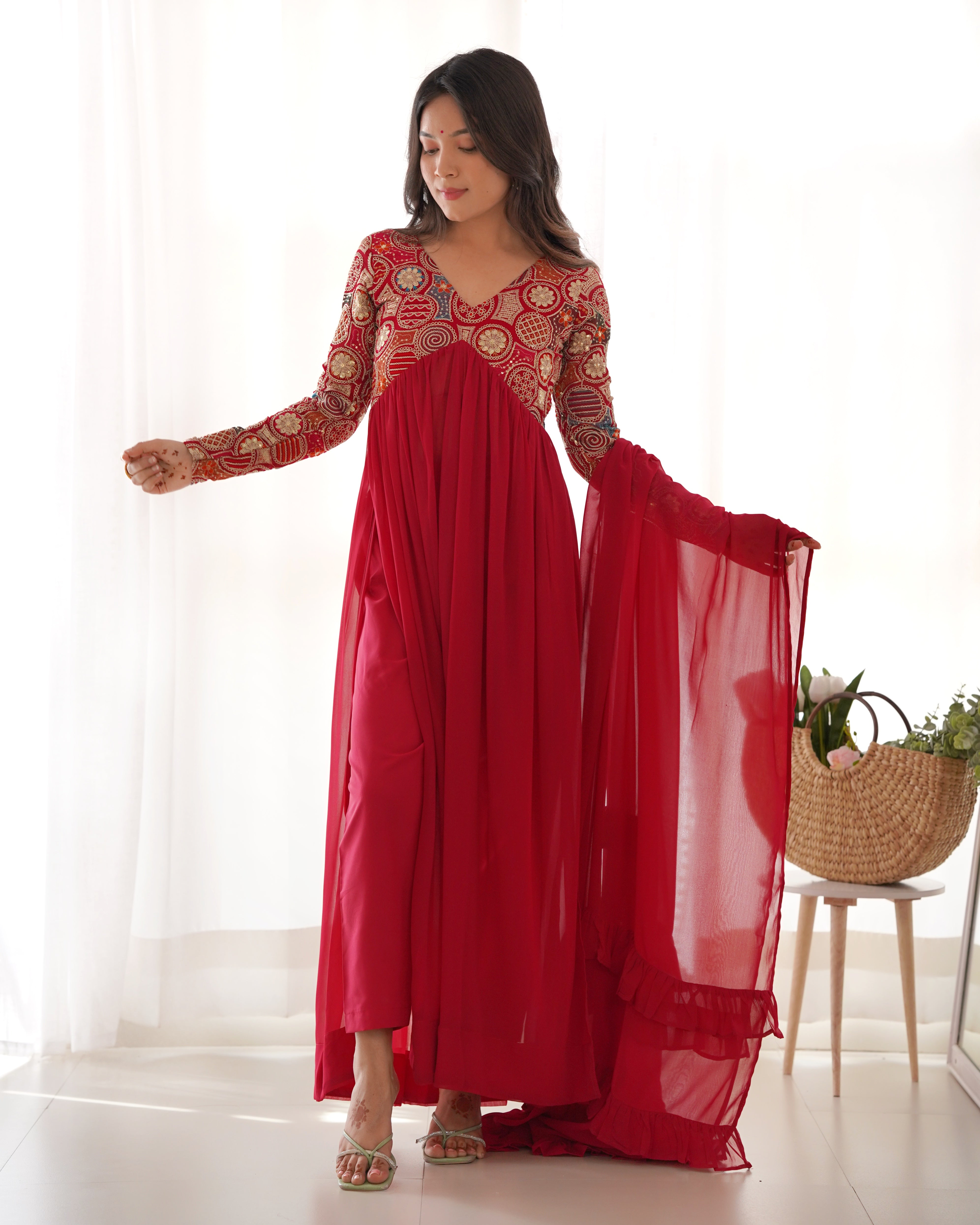 Lorenvalley Fashion Red Heavy Soft Georgette With Embroidered Work Fully Flared Anarkali Pant With Dupatta Set - Red - Distacart