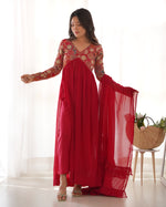 Thumbnail for Lorenvalley Fashion Red Heavy Soft Georgette With Embroidered Work Fully Flared Anarkali Pant With Dupatta Set - Red - Distacart