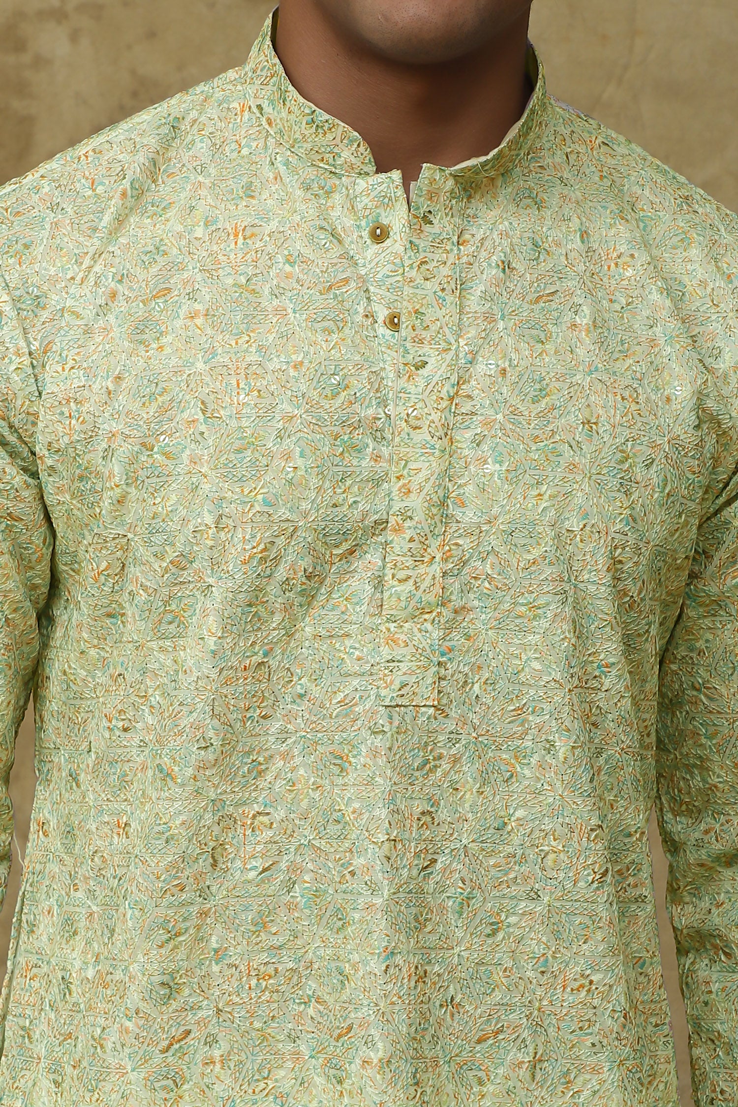 Bluesaanchi Men's Chikankari Embroidered Kurta Set - Green White - Distacart