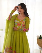 Thumbnail for Lorenvalley Fashion Parrot Soft Organza Silk With Floral Print Fully Flared Anarkali Pant With Dupatta Set - Green - Distacart