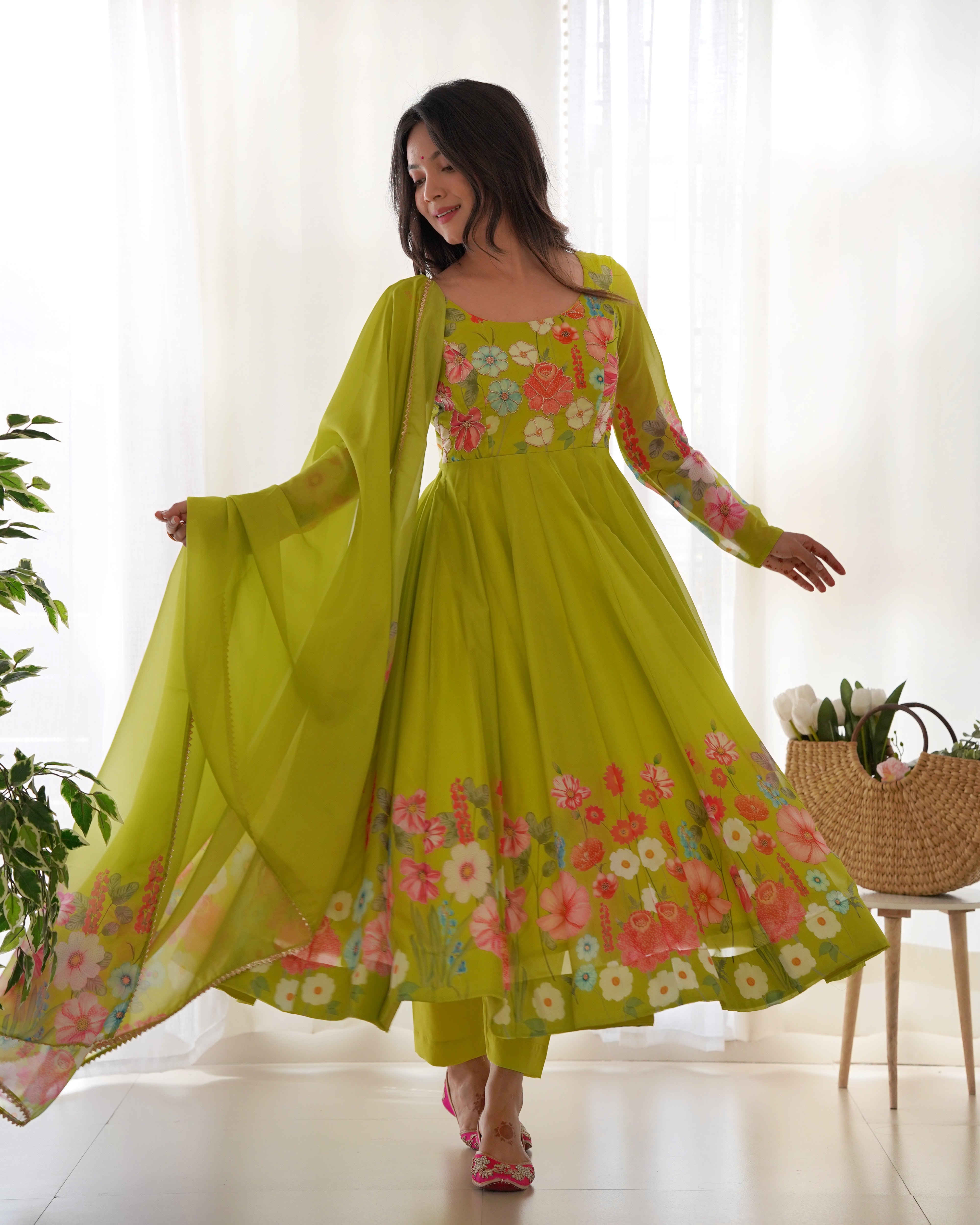 Lorenvalley Fashion Parrot Soft Organza Silk With Floral Print Fully Flared Anarkali Pant With Dupatta Set - Green - Distacart
