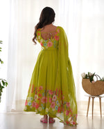 Thumbnail for Lorenvalley Fashion Parrot Soft Organza Silk With Floral Print Fully Flared Anarkali Pant With Dupatta Set - Green - Distacart