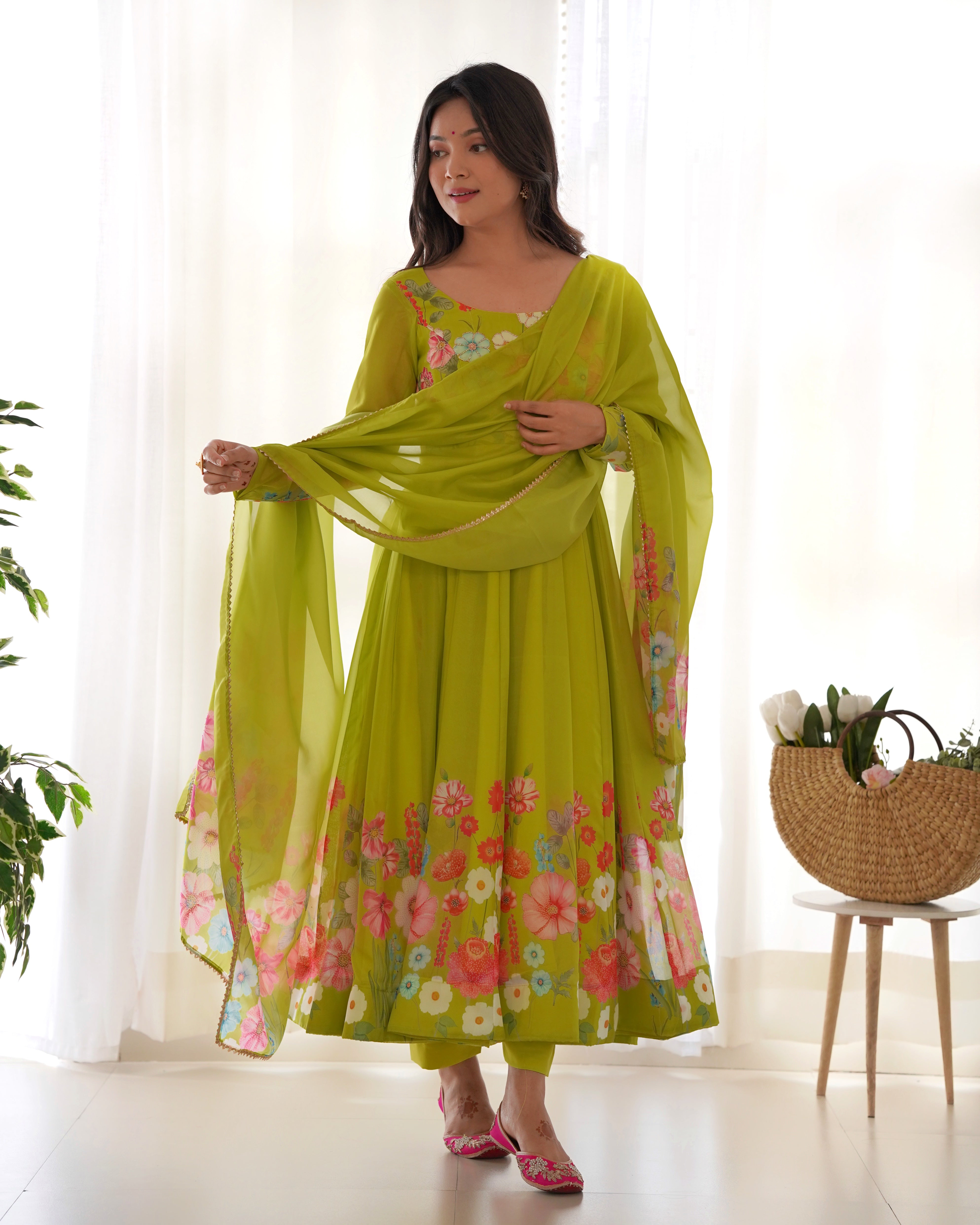 Lorenvalley Fashion Parrot Soft Organza Silk With Floral Print Fully Flared Anarkali Pant With Dupatta Set - Green - Distacart