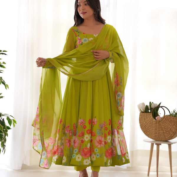 Lorenvalley Fashion Parrot Soft Organza Silk With Floral Print Fully Flared Anarkali Pant With Dupatta Set - Green - Distacart