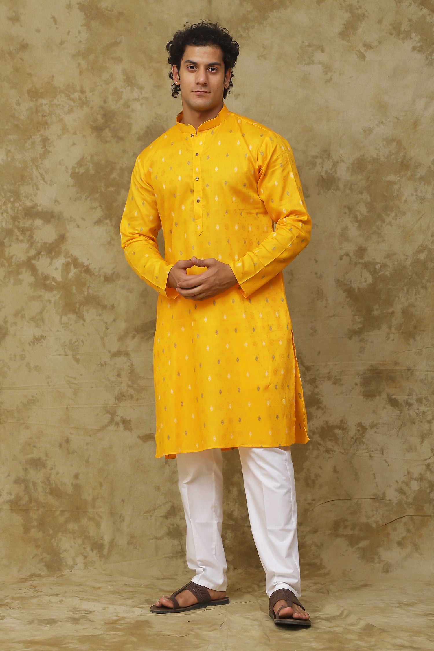 Bluesaanchi Men's Cotton Embroidered Kurta Set - Mustard - Distacart