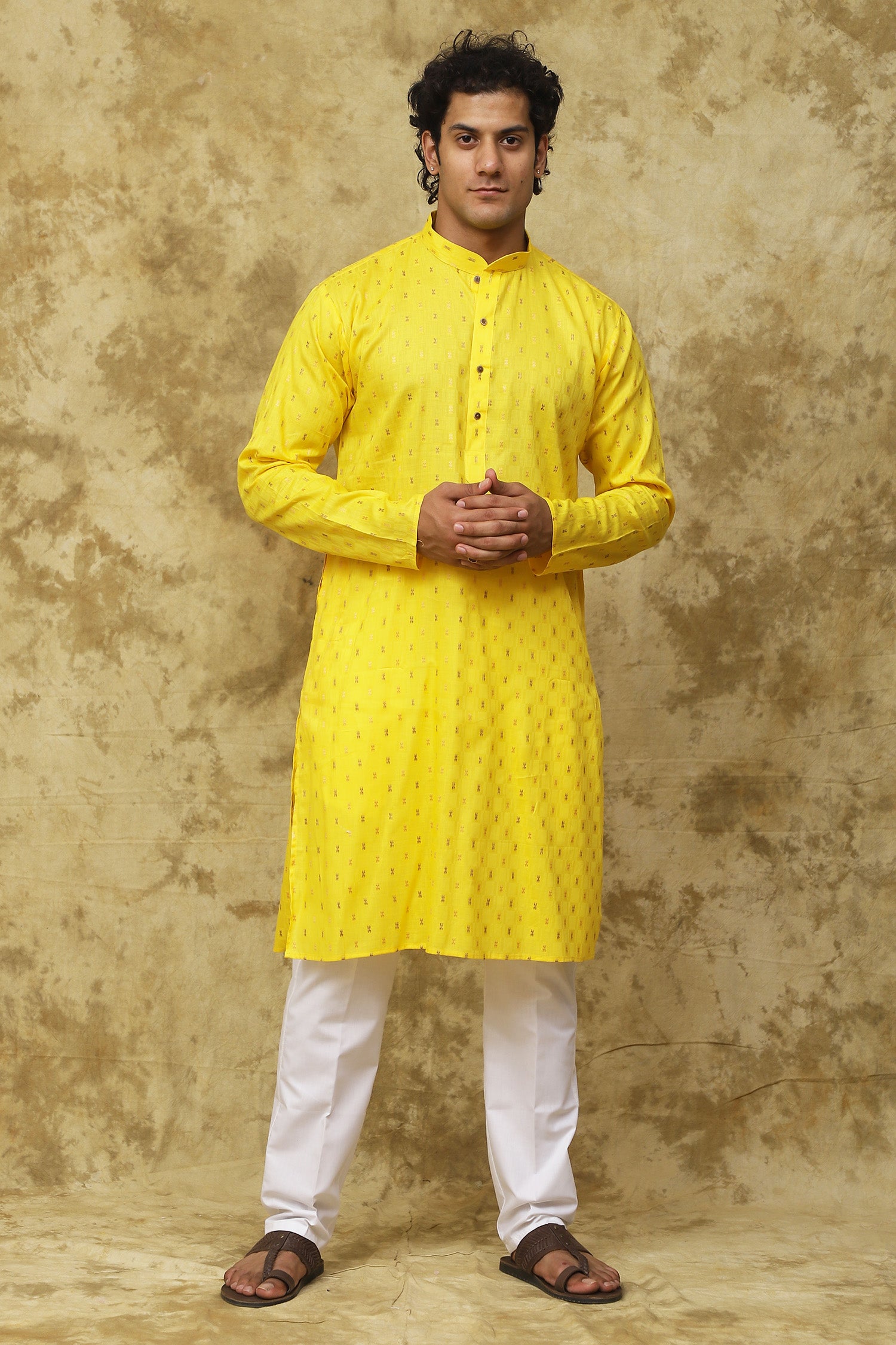 Bluesaanchi Men's Cotton Embroidered Kurta Set - Yellow Boota - Distacart