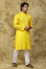 Thumbnail for Bluesaanchi Men's Cotton Embroidered Kurta Set - Yellow Boota
