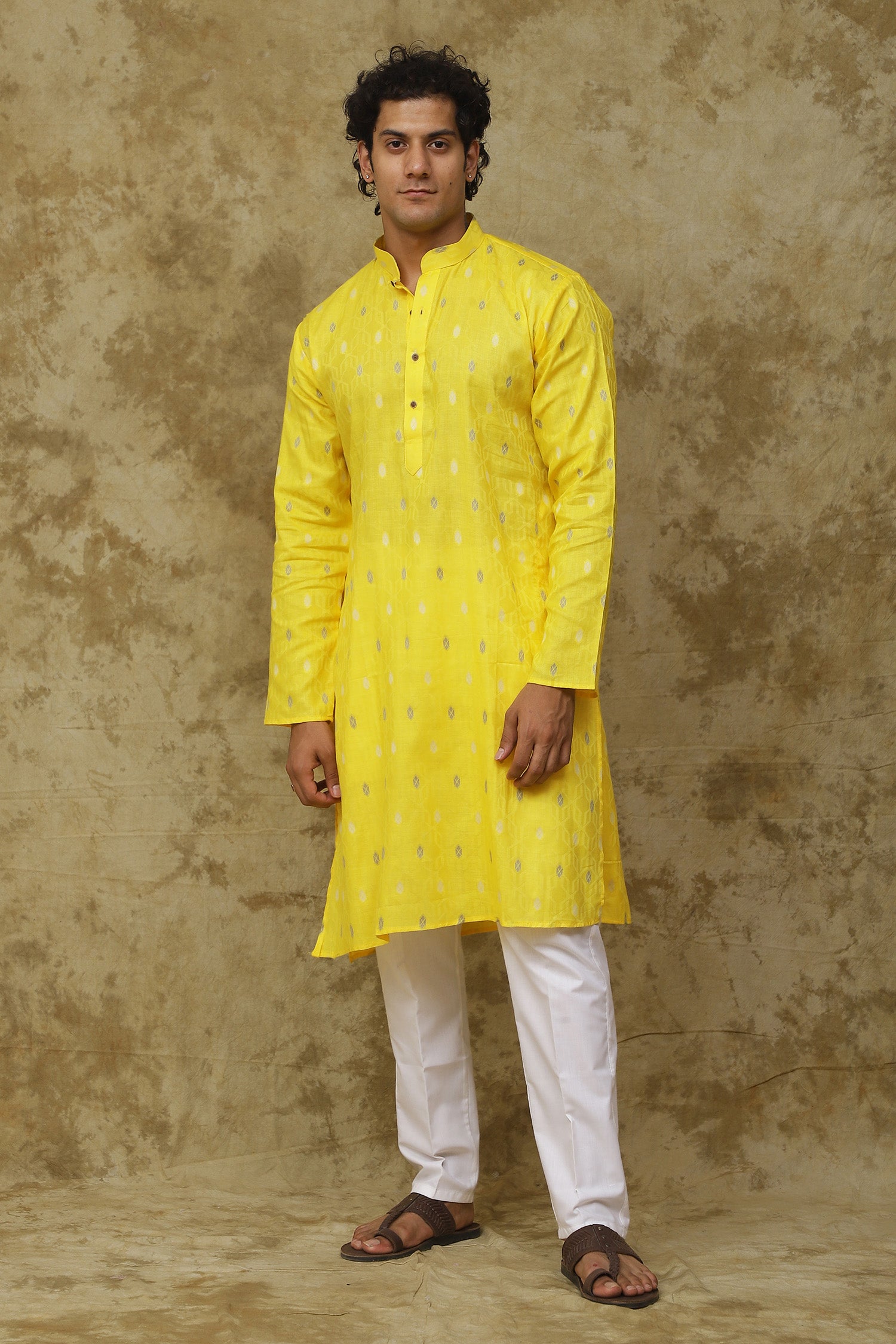 Bluesaanchi Men's Cotton Printed Kurta Set - Yellow Geometric - Distacart