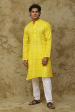 Thumbnail for Bluesaanchi Men's Cotton Printed Kurta Set - Yellow Geometric