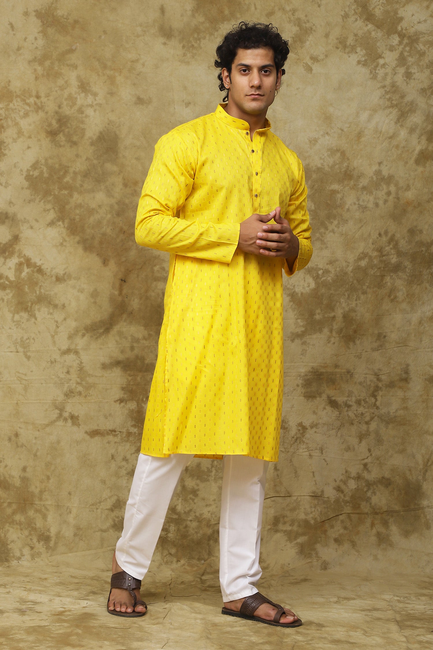 Bluesaanchi Men's Cotton Dobby Kurta Set - Yellow - Distacart