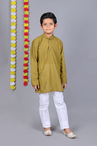 Bluesaanchi Mehendi Green Chikankari Embroidery Kurta Set – Elegant & Classic for Your Little One