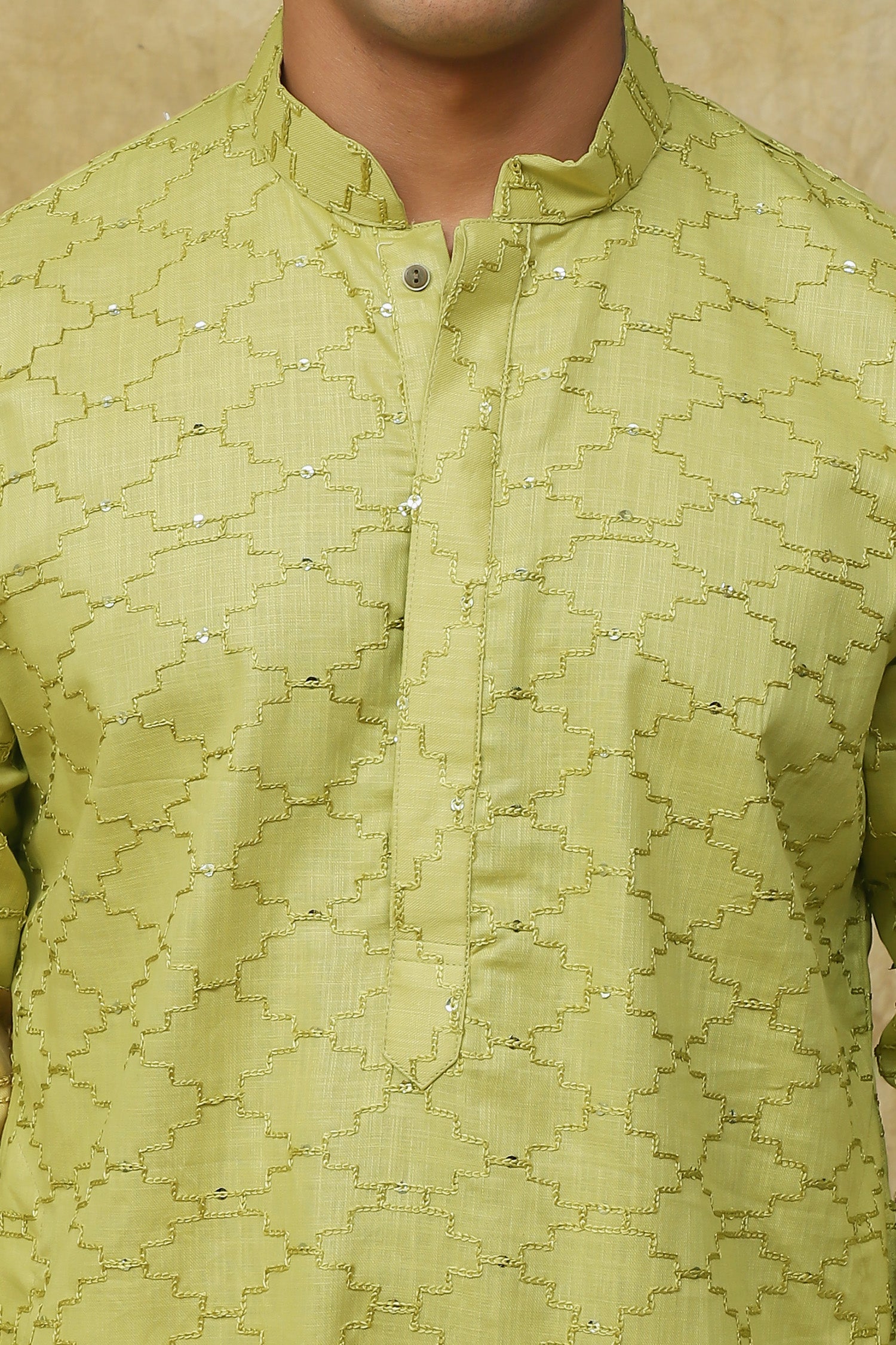 Bluesaanchi Men's Mehendi Brick Zigzag Embroidered Kurta Set - Distacart