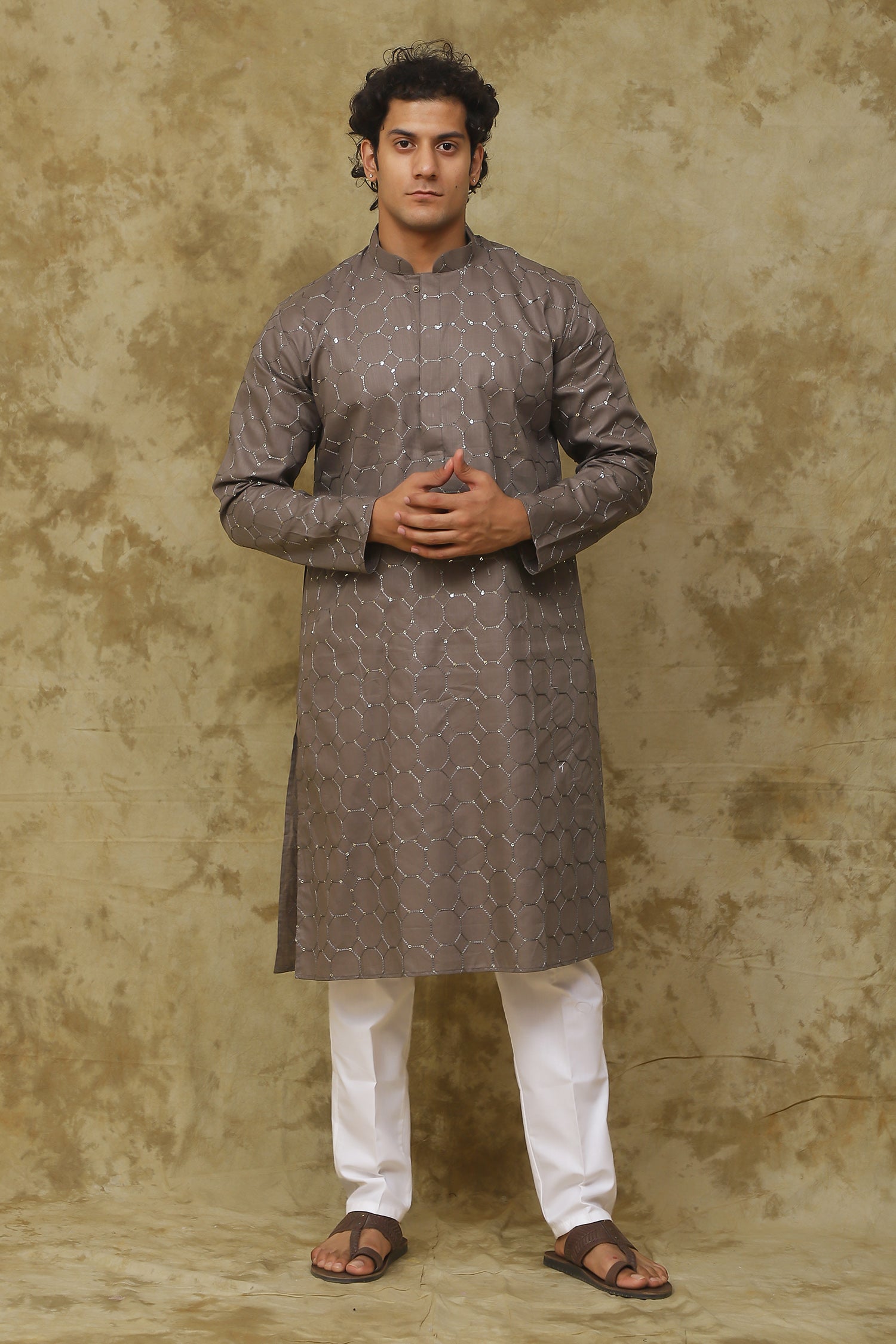 Bluesaanchi Men's Mud Octagon Sequin Threadwork Kurta Set - Distacart