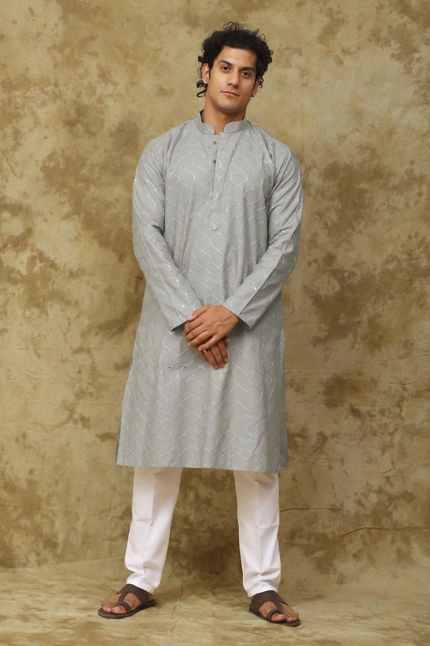Bluesaanchi Men's Linen Threadwork Kurta Set - Creamy Grey - Distacart