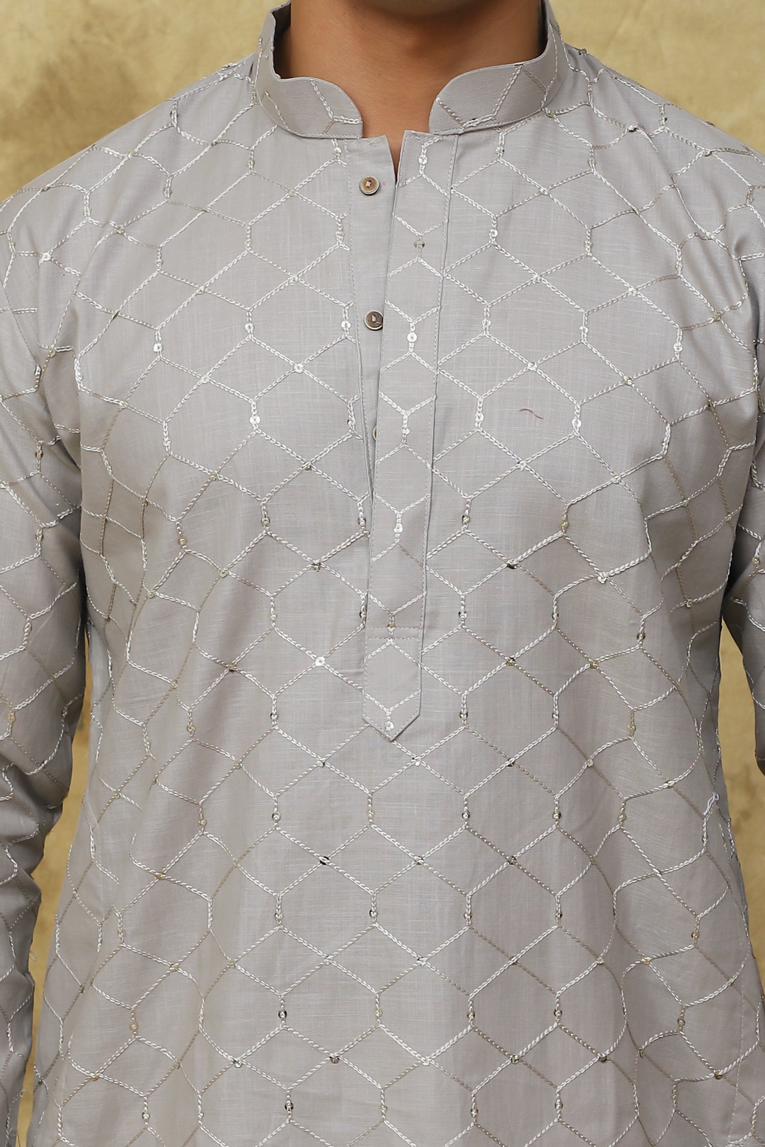 Bluesaanchi Men's Linen Threadwork Kurta Set - Creamy Grey - Distacart