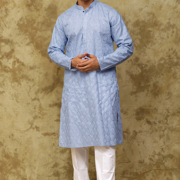 Bluesaanchi Men's Linen Threadwork Kurta Set - Blue - Distacart