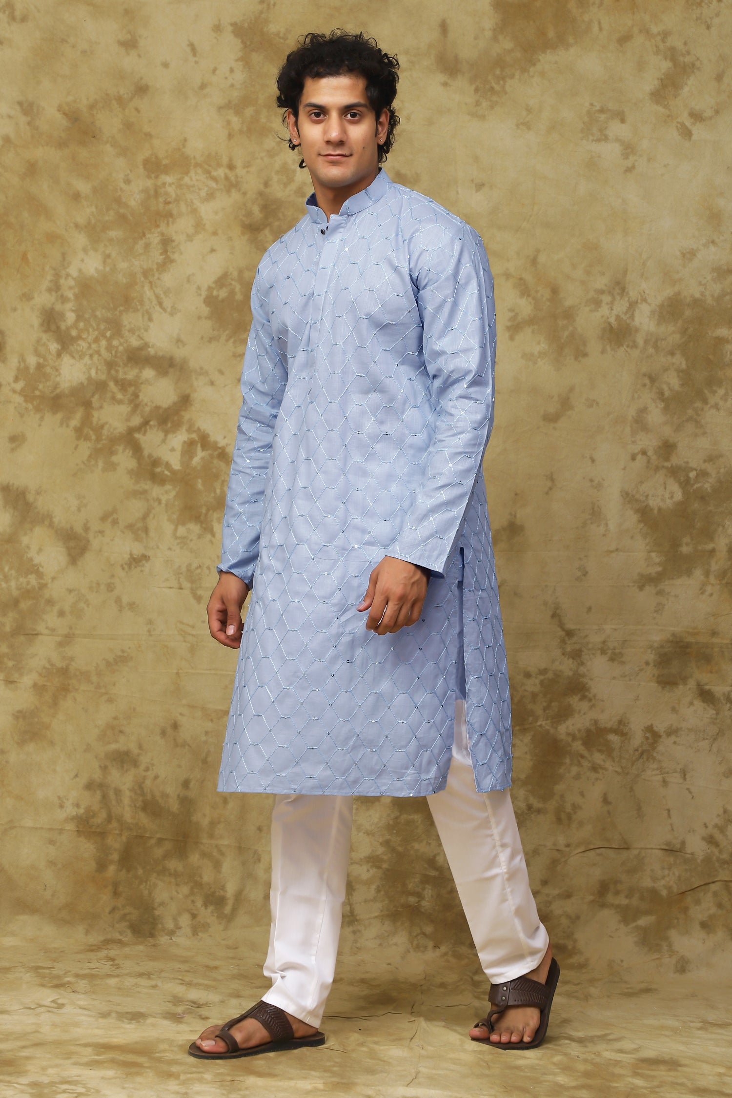 Bluesaanchi Men's Linen Threadwork Kurta Set - Blue - Distacart