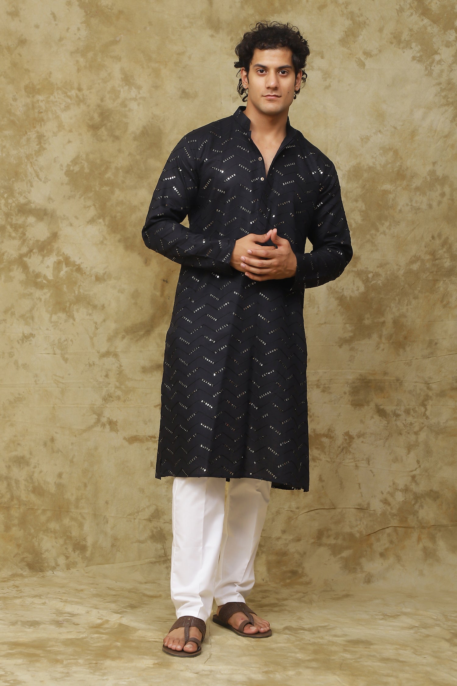 Bluesaanchi Men's Black Zigzag Sequin Kurta Set - Distacart