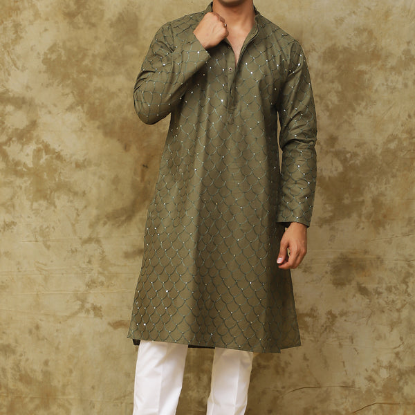 Bluesaanchi Men's Linen Threadwork Kurta Set - Dark Mehendi - Distacart