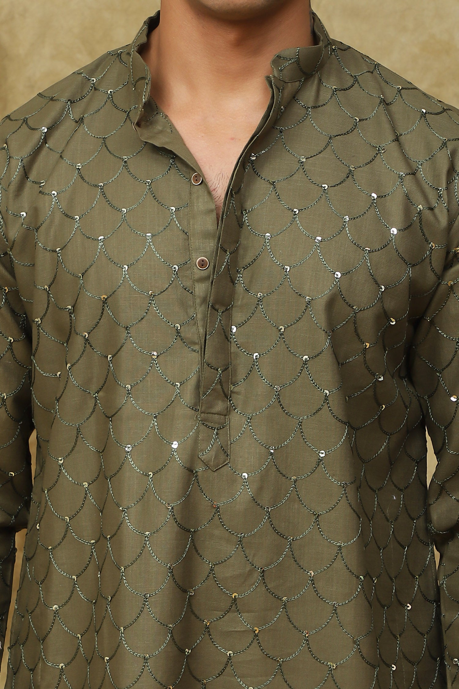 Bluesaanchi Men's Linen Threadwork Kurta Set - Dark Mehendi - Distacart