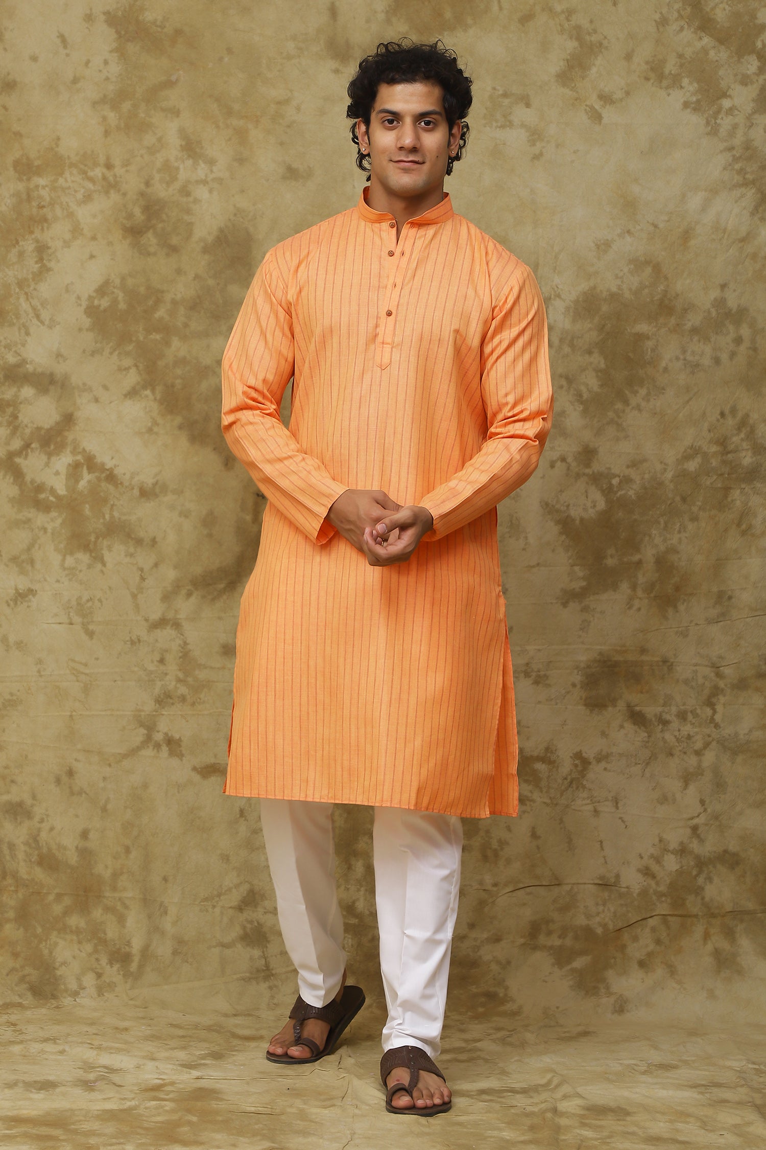 Bluesaanchi Men's Cotton Striped Kurta Set - Orange - Distacart