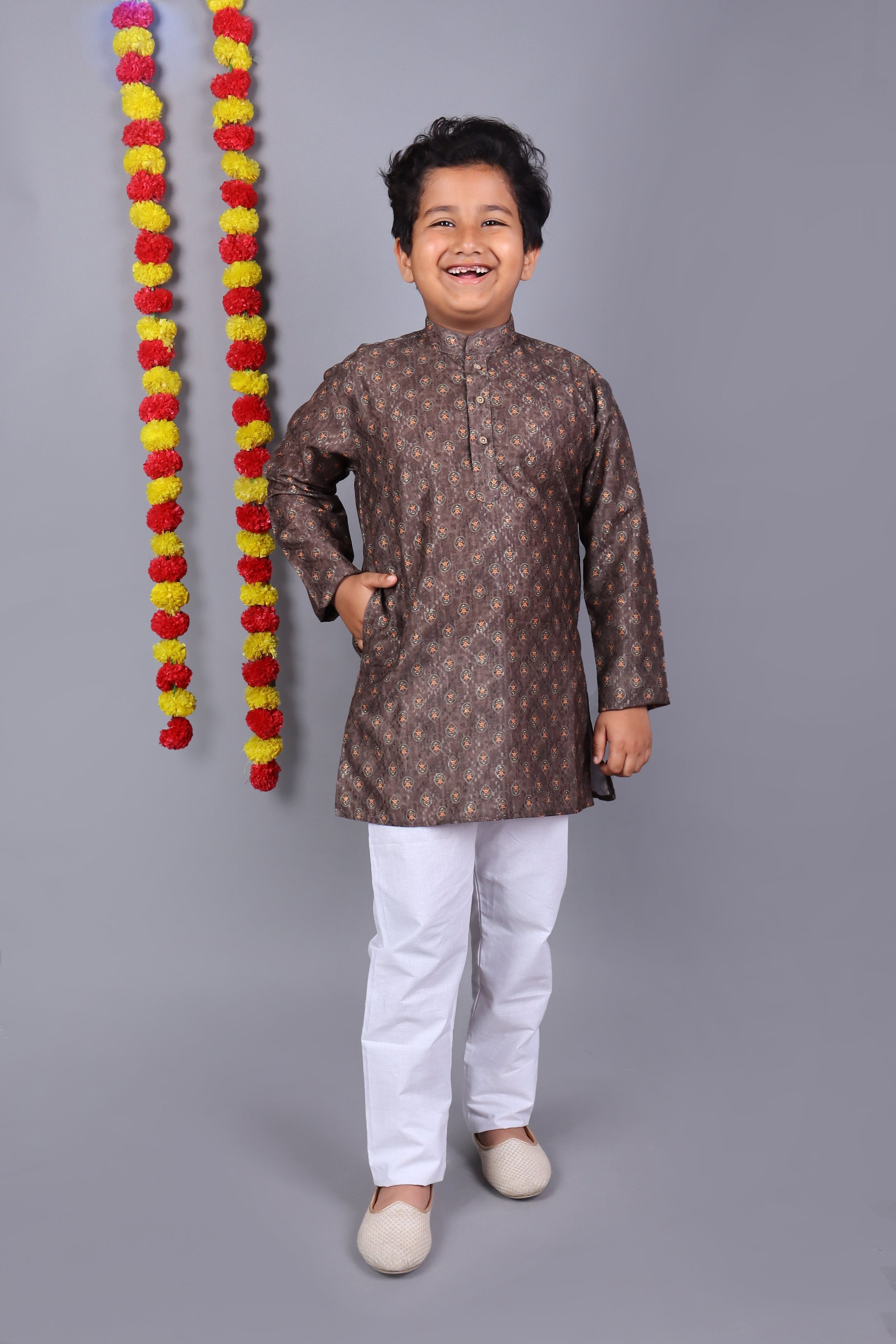 Bluesaanchi Brown Printed Kids Kurta Set – Elegant & Classic - Distacart