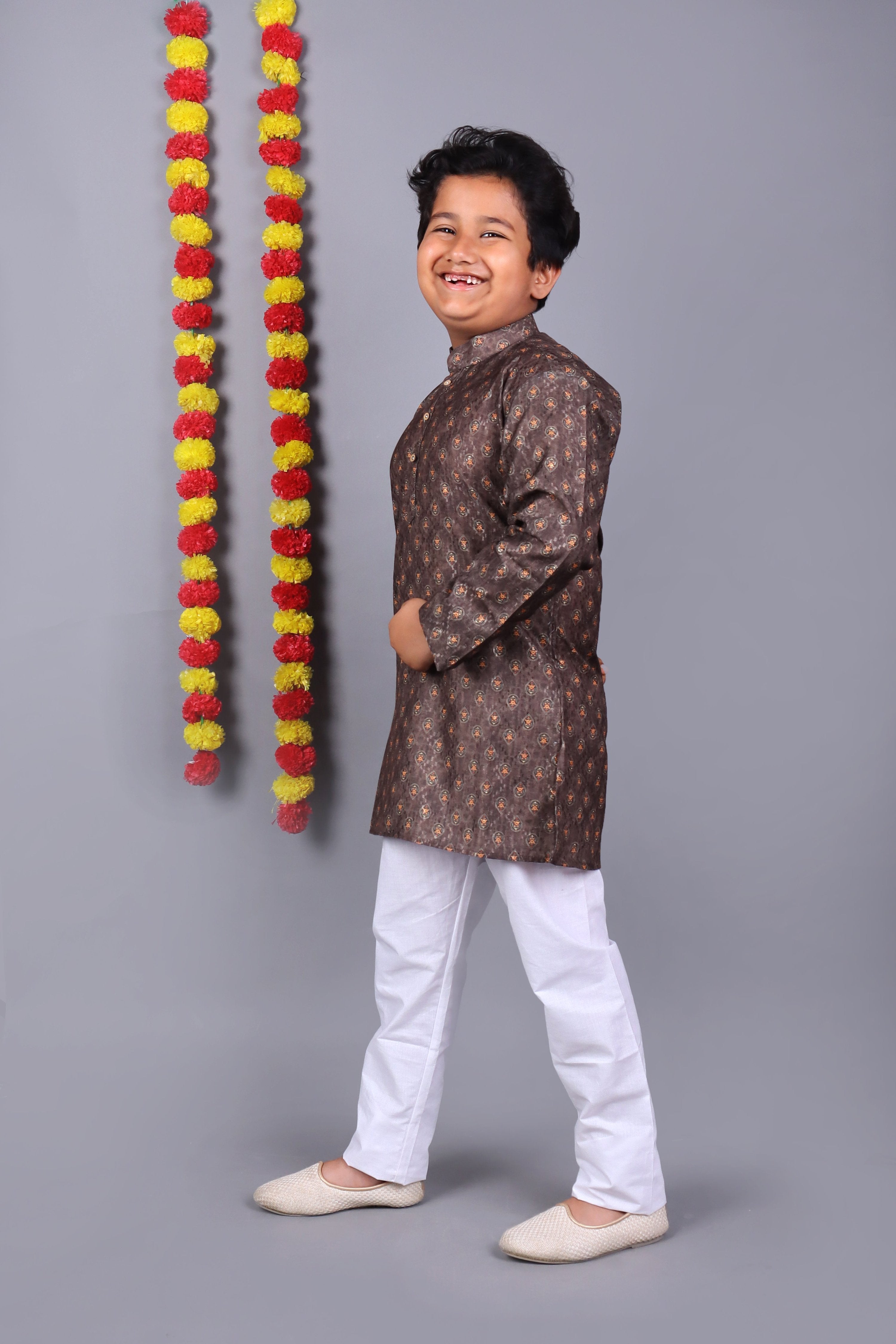 Bluesaanchi Brown Printed Kids Kurta Set – Elegant & Classic - Distacart