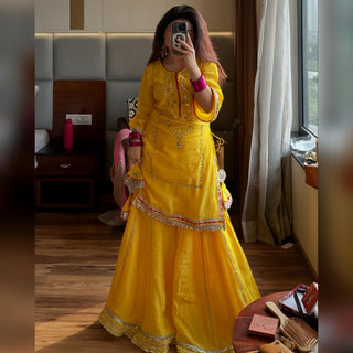 Avantini Women's Yellow Chinnon Silk Embroidery Kurta Sharara With Dupatta