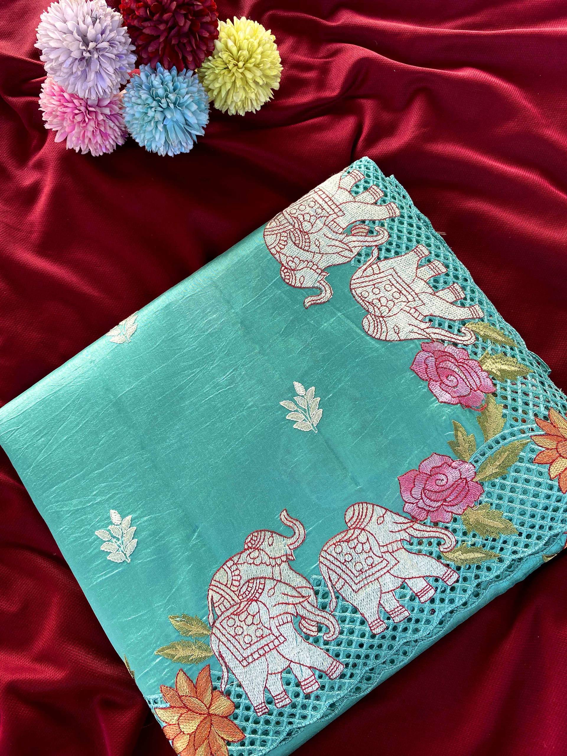 Mameraa Sarees Sea Green Viscose Tussar Saree With Beautiful Embroidered Elephant Design Panel With Cutwork And Hole Work-Sea_Green - Dista