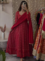 Thumbnail for Yash Enterprise Mehrooni Red Faux Blooming Party Wear Embroidery Suit Set - Distacart