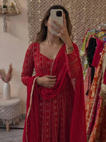 Thumbnail for Yash Enterprise Mehrooni Red Faux Blooming Party Wear Embroidery Suit Set - Distacart