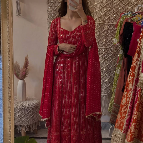 Yash Enterprise Mehrooni Red Faux Blooming Party Wear Embroidery Suit Set - Distacart