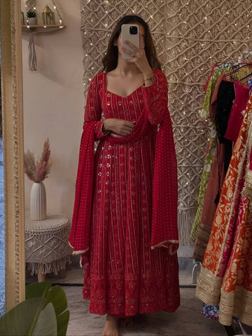 Yash Enterprise Mehrooni Red Faux Blooming Party Wear Embroidery Suit Set - Distacart
