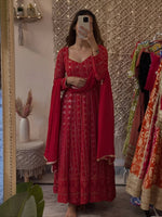 Thumbnail for Yash Enterprise Mehrooni Red Faux Blooming Party Wear Embroidery Suit Set - Distacart